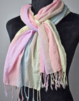 Pastel colored hand-painted cotton scarf on a mannequin