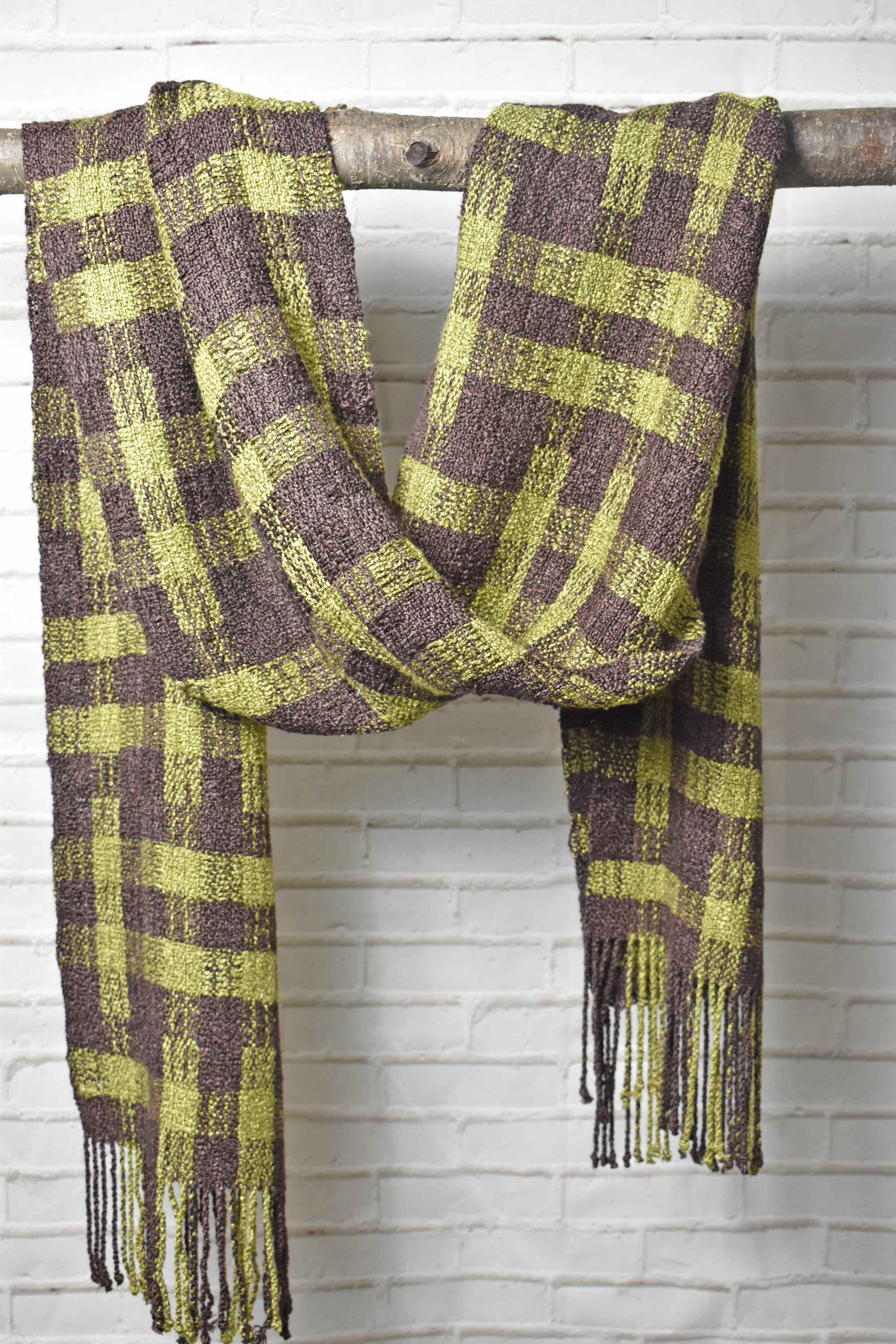 Retro green and brown handwoven wool scarf, reminiscent of 1970’s buy earth tones, casual understated nostalgic accessory for men or women