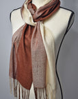 Brown + cream handwoven scarf with up-cycled exclusive yarns on a mannequin