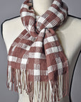 Chestnut brown + white handwoven merino wool scarf on a mannequin