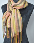 Peach, Brown, Yellow Handwoven Scarf using Up-cycled Yarns