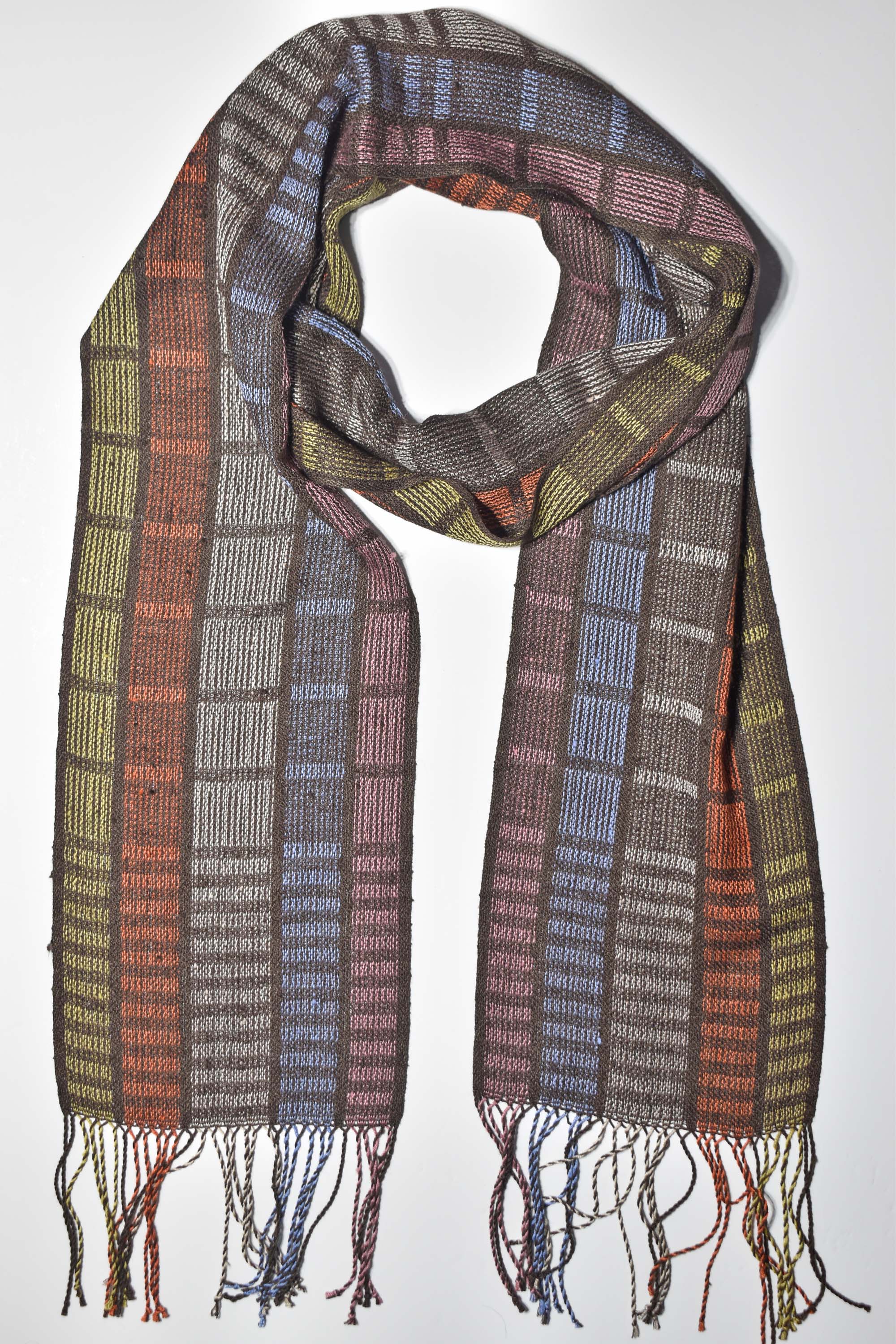 A bird&#39;s eye view of the handwoven scarf with up-cycled exclusive yarn