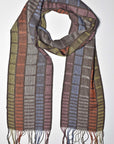 A bird's eye view of the handwoven scarf with up-cycled exclusive yarn