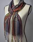 Handwoven scarf woven with up-cycled  viscose yarn on a mannequin