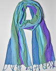 Hand-painted cotton scarf with vibrant blues and greens